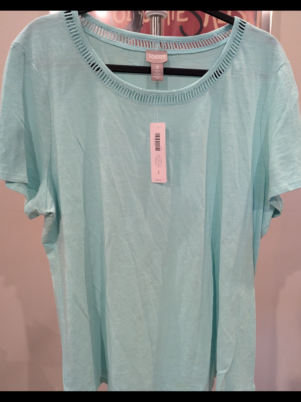 $14 Chico's Size 3/XL/Size 16-18 NWT Aqua Latticework Neckline Short Sleeve